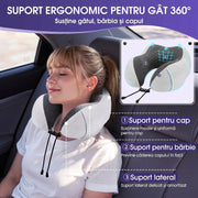 Perna de calatorie pentru gat NextWave®, suport ergonomic 360° pentru cap si barbie, catarama reglabila, include masca de ochi, dopuri urechi si geanta, din spuma cu memorie si catifea respirabila, pentru avion, tren si masina