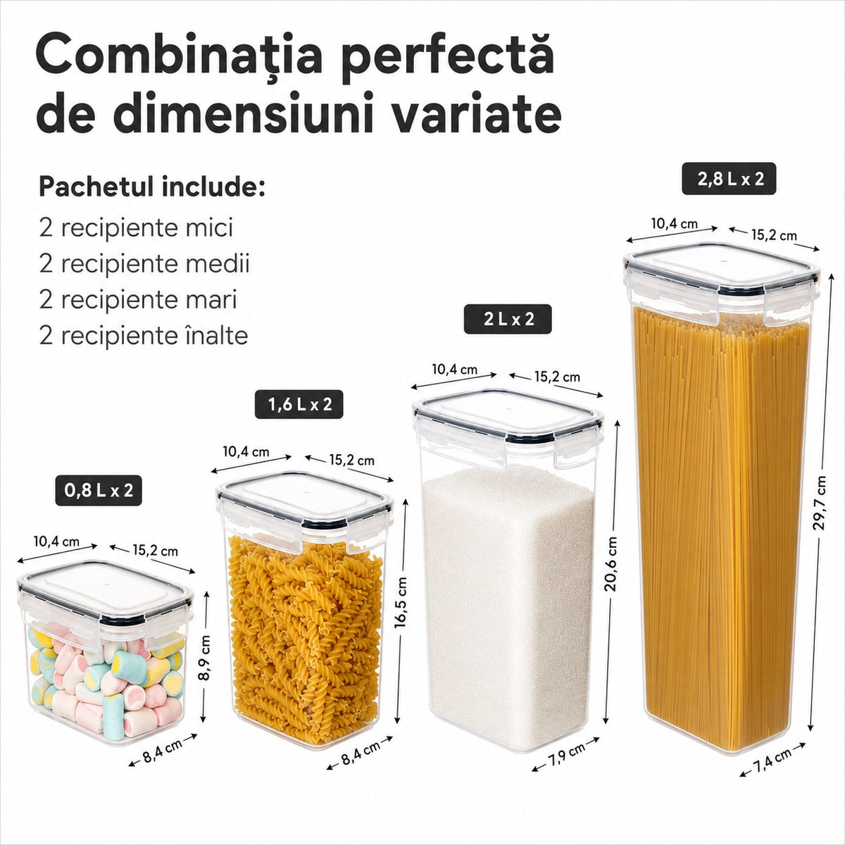 Set 8 cutii depozitare alimente NextWave® – plastic alimentar transparent fara BPA, inchidere ermetica cu garnitura de silicon, stivuibile si reutilizabile, ideale pentru cereale, faina, zahar, orez, paste si alte alimente uscate