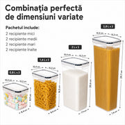 Set 8 cutii depozitare alimente NextWave® – plastic alimentar transparent fara BPA, inchidere ermetica cu garnitura de silicon, stivuibile si reutilizabile, ideale pentru cereale, faina, zahar, orez, paste si alte alimente uscate