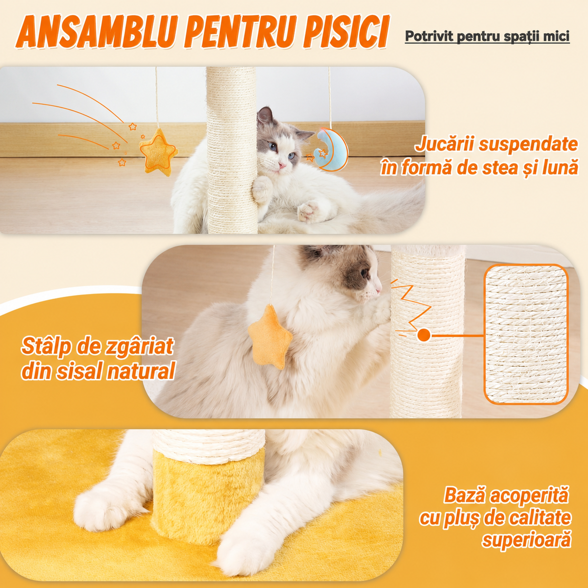 Ansamblu de joaca pentru pisici NextWave®, cu pat moale in forma de nor si husa detasabila lavabila, stalp de zgariat din sisal natural, baza rotunda lata si stabila, jucarii suspendate, pentru pisoi si pisici mici si medii, 40 x 40 x 56 cm