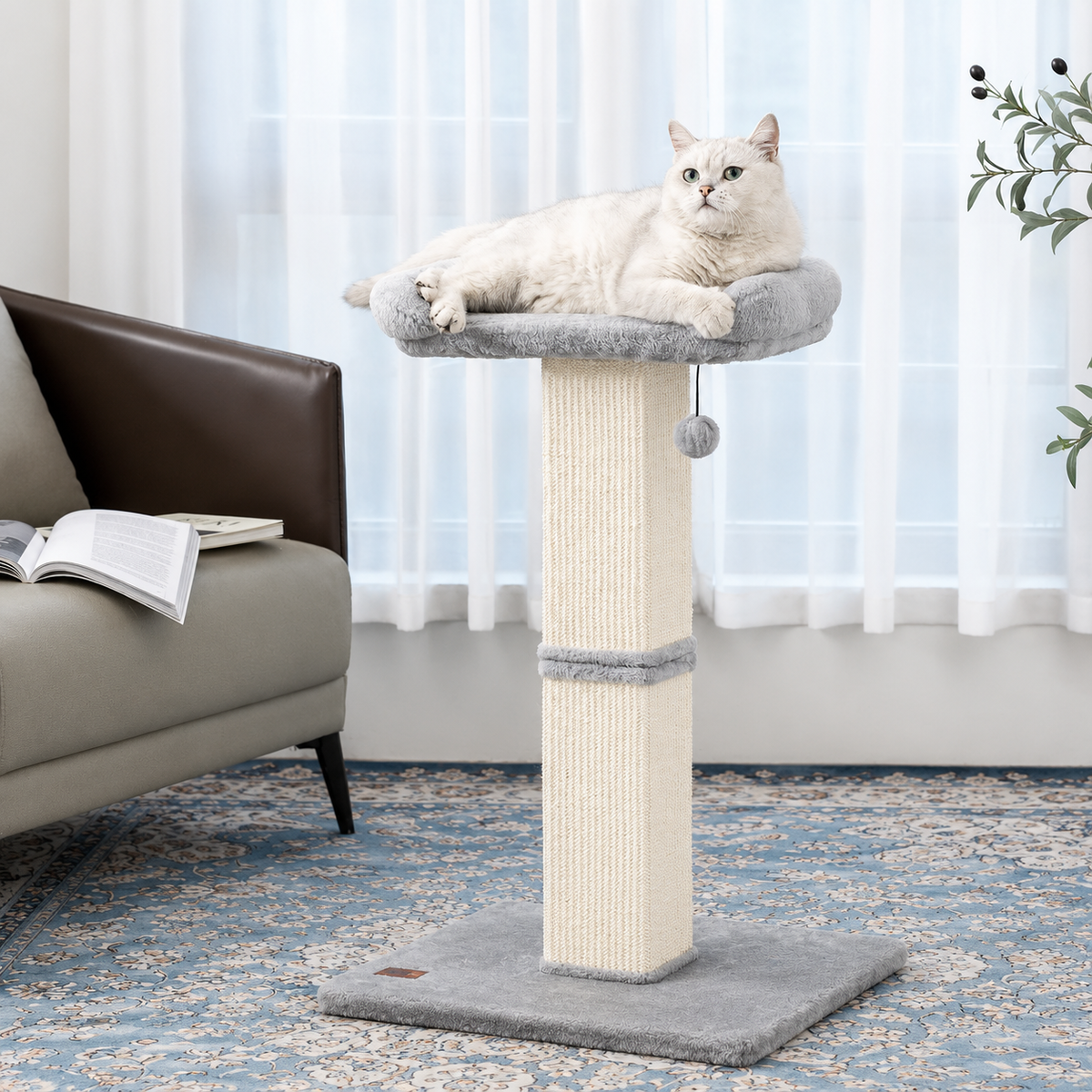 Stalp de zgariat pentru pisici NextWave®, cu suprafata durabila din sisal, culcus superior din plus cu husa detasabila, baza stabila din placa pe baza de lemn, pentru zgariere, intindere si odihna la interior, 50 x 40 x 81 cm, gri