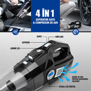 Aspirator Auto Multifunctional NextWave si Compresor Portabil cu Fir, Aspirare Rapida, Umflare Anvelope cu Afisaj pentru Presiune, Lumina LED, Incarcare Priza Auto, Filtru Dublu Lavabil si Reutilizabil, Negru