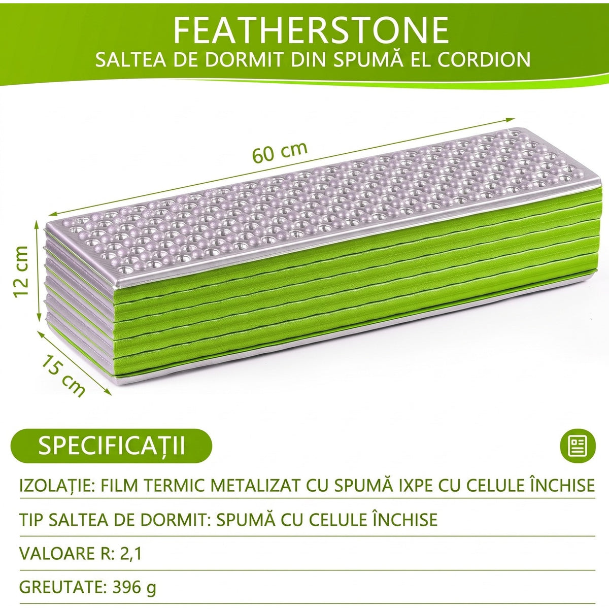 Saltea de camping pliabila NextWave®, termoizolanta cu valoare R 2.1, impermeabila si ultra-usoara, design tip acordeon, din spuma IXPE cu celule inchise si folie de aluminiu, pentru drumetii, outdoor si backpacking, 185 x 60 x 1.8 cm, verde