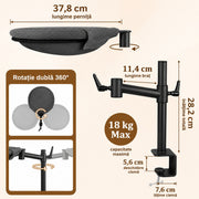 Pat suspendat pentru pisici NextWave®, hamac de birou cu prindere metalica fara gaurire, rotatie dubla la 360°, inaltime reglabila, perna de 37, 8 cm, suporta pana la 18 kg, pentru blat de maximum 5, 6 cm, gri