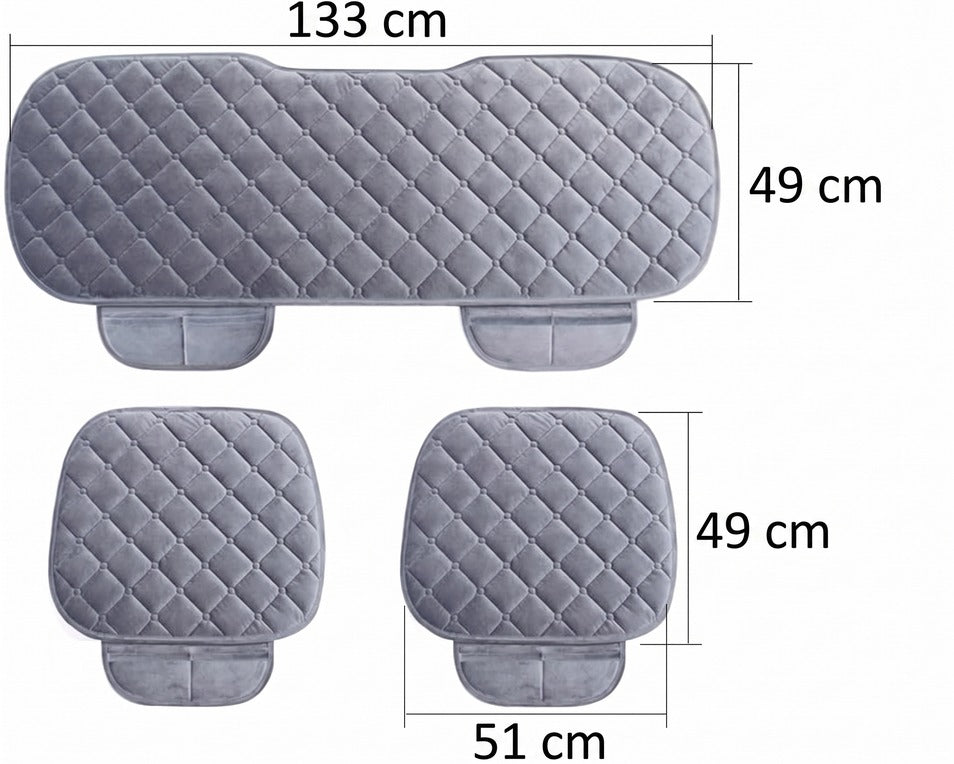 Set huse scaune auto NextWave®️, 3 piese pentru protectie si confort sporit, baza antialunecare si buzunare frontale, din plus de catifea moale cu burete dens, compatibilitate universala pentru sedan, hatchback si SUV, 51x49 cm si 133x49 cm, Gri