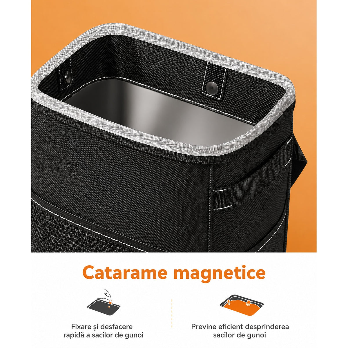 Cos de gunoi auto NextWave®, pliabil si impermeabil, capacitate 7, 6 L, curea reglabila pentru tetiera sau consola, 4 capse magnetice pentru fixarea sacului, buzunare exterioare pentru depozitare, design compact anti-scurgeri, negru
