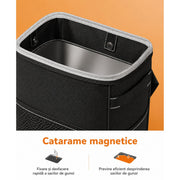 Cos de gunoi auto NextWave®, pliabil si impermeabil, capacitate 7, 6 L, curea reglabila pentru tetiera sau consola, 4 capse magnetice pentru fixarea sacului, buzunare exterioare pentru depozitare, design compact anti-scurgeri, negru