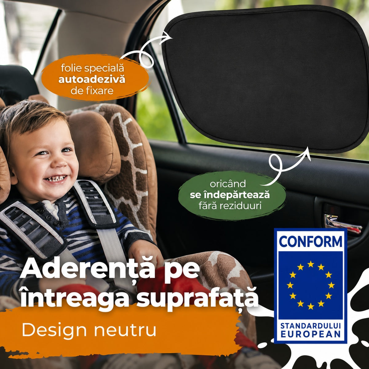 Parasolar auto NextWave® pentru geam lateral, set 2 bucati, protectie UV certificata UPF 50+, blocheaza 98,6% din razele UV, fixare statica fara ventuze, pentru bebelusi si copii, ideal pentru calatorii, reutilizabil, negru