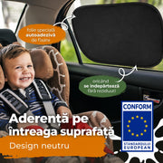 Parasolar auto NextWave® pentru geam lateral, set 2 bucati, protectie UV certificata UPF 50+, blocheaza 98,6% din razele UV, fixare statica fara ventuze, pentru bebelusi si copii, ideal pentru calatorii, reutilizabil, negru