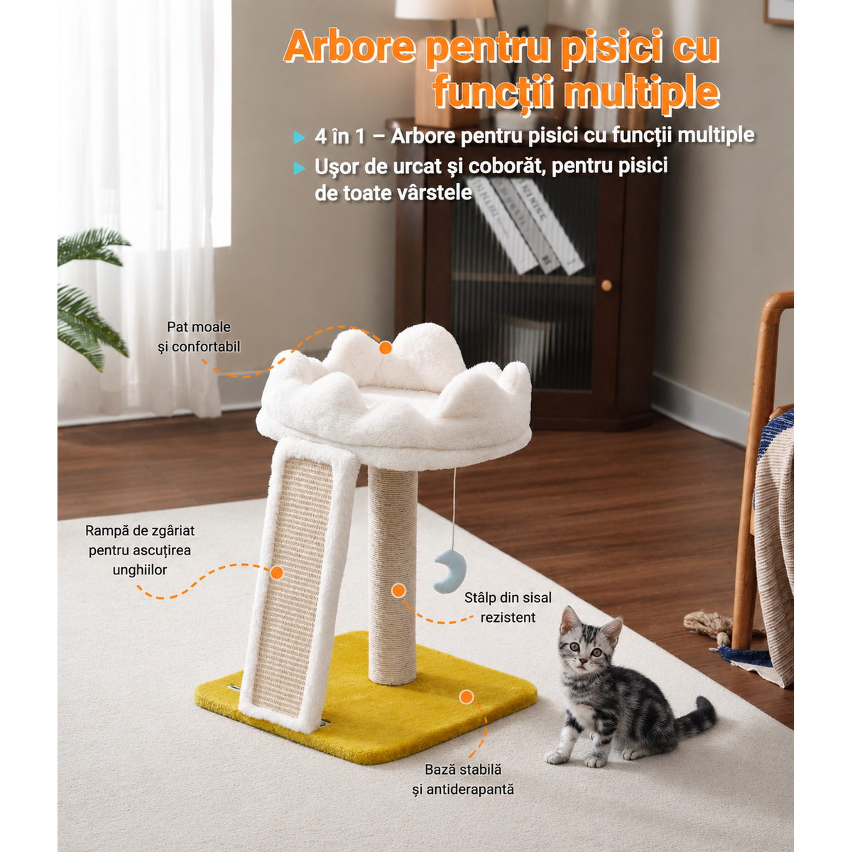 Ansamblu de joaca pentru pisici NextWave®, cu pat moale in forma de nor, platforma captusita, stalp si placa de zgariat din sisal natural, baza lata si stabila, jucarii suspendate in forma de stea si luna, 40 x 40 x 56 cm, alb