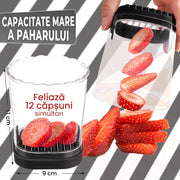 Feliator pentru fructe si capsuni NextWave®️, taiere rapida si uniforma in 8 felii, baza cu placa de impingere, lama detasabila din otel inoxidabil 304 si pahar ABS, ideal pentru capsuni, banane, kiwi si oua fierte, 11 x 9 cm, Negru