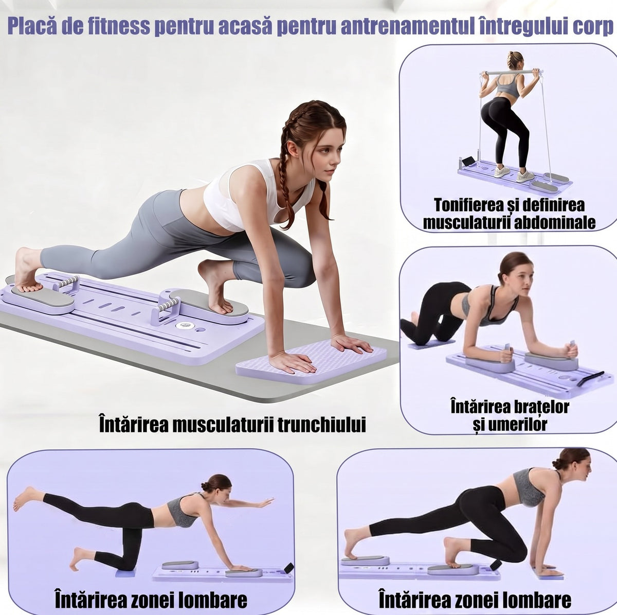 Placa de Pilates multifunctionala NextWave®️, reformer pliabila pentru antrenamentul complet al corpului acasa, benzi elastice de rezistenta, sistem revenire automata, suporturi reglabile 0-180°, din polipropilena durabila, sarcina 155 kg, Mov