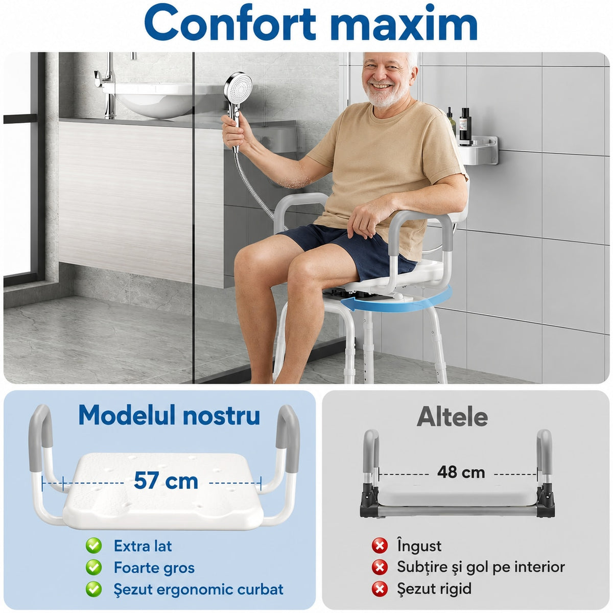 Scaun de dus NextWave®, rotativ la 360°, reglabil pe inaltime, cu spatar si cotiere, cadru rezistent din aluminiu, picioare antiderapante, montaj fara unelte, pentru varstnici si persoane cu mobilitate redusa, capacitate 159 kg, gri