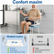 Scaun de dus NextWave®, rotativ la 360°, reglabil pe inaltime, cu spatar si cotiere, cadru rezistent din aluminiu, picioare antiderapante, montaj fara unelte, pentru varstnici si persoane cu mobilitate redusa, capacitate 159 kg, gri