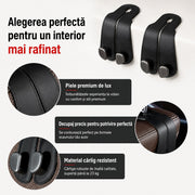 Set 2 carlige auto duble pentru tetiera NextWave®, pentru genti, sacose, haine si accesorii, aliaj de aluminiu-magneziu cu finisaj din piele intoarsa cusuta, fixare stabila, instalare rapida fara demontarea tetierei, compatibilitate universala, negru