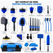 Set detailing auto NextWave®, 36 piese pentru curatare profesionala interior si exterior, perii pentru bormasina, jante, anvelope, bord, tapiterie si grile, lavete din microfibra, accesoriu pentru parbriz, manusa de spalare si cutie de depozitare