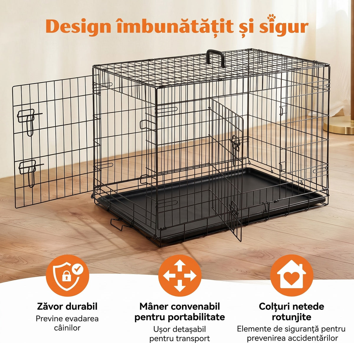 Cusca pliabila pentru caini NextWave®, 2 usi cu zavoare glisante sigure, panou despartitor inclus, tavita etansa detasabila, maner transport, colturi rotunjite, metal rezistent, pentru interior, exterior si calatorii, talie medie, 90x60x67 cm, Negru