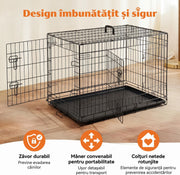 Cusca pliabila pentru caini NextWave®, 2 usi cu zavoare glisante sigure, panou despartitor inclus, tavita etansa detasabila, maner transport, colturi rotunjite, metal rezistent, pentru interior, exterior si calatorii, talie medie, 90x60x67 cm, Negru