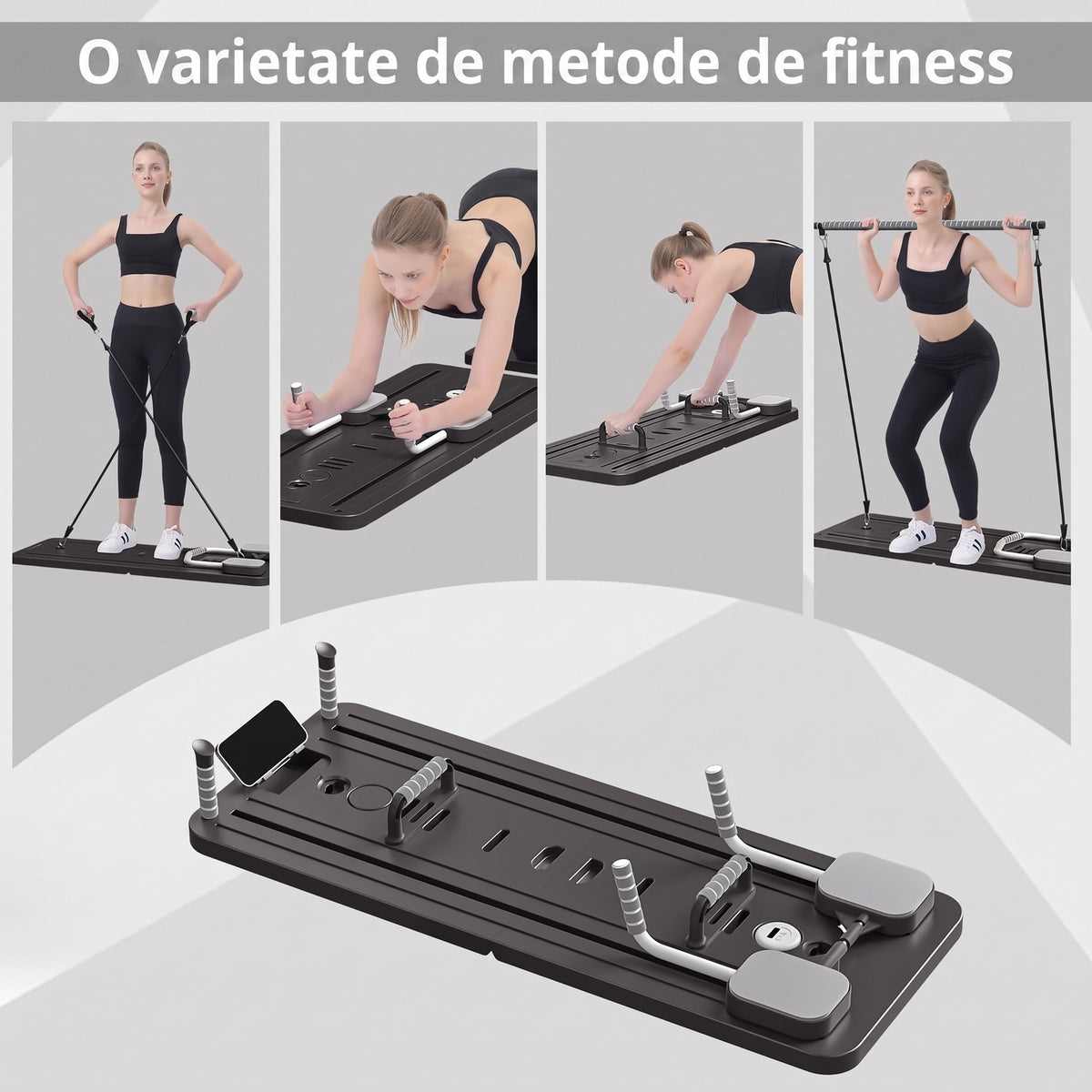 Placa Pilates Reformer 5 in 1 NextWave®️, aparat pliabil pentru antrenament complet si tonifierea corpului acasa, benzi elastice cu rezistenta reglabila, bara Pilates, manere pentru flotari, cronometru si suport telefon, polipropilena