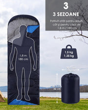 Sac de dormit NextWave®️, 3 sezoane, impermeabil si respirabil, gluga cu snur, fermoar la picioare pentru aerisire, mod patura, exterior poliester, captuseala pongee, pentru camping si drumetii, sac de compresie, 220x80 cm, 1.5 kg, Albastru marin