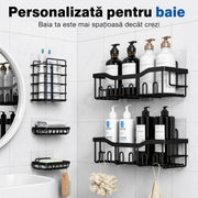 Raft de Baie NextWave® la set, 5 piese cu 2 rafturi pentru dus, 2 suporturi pentru sapun si 1 suport pentru periute, din otel inoxidabil SUS 304, montare autoadeziva fara gaurire, rezistente la rugina, negru