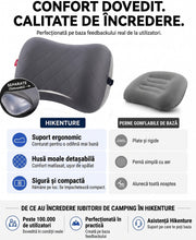 Perna gonflabila de camping NextWave®️, suport cervical ergonomic, supapa One-Click de umflare rapida, banda elastica anti-alunecare, husa detasabila si lavabila din bumbac, camera etansa TPU, pentru drumetii si calatorii, 44x31 cm, 159 g, Gri