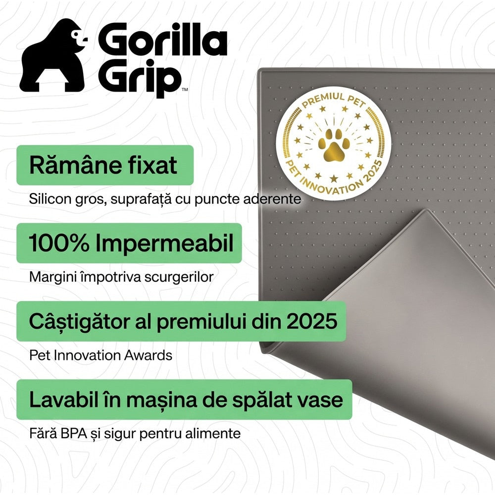 Covoras pentru hranirea animalelor NextWave®️, protejeaza podelele, 100% impermeabil, margini ridicate de 0, 3 cm impotriva scurgerilor, suprafata antiderapanta, din silicon alimentar fara BPA, pentru boluri pisici si caini, 47 x 30 cm, gri