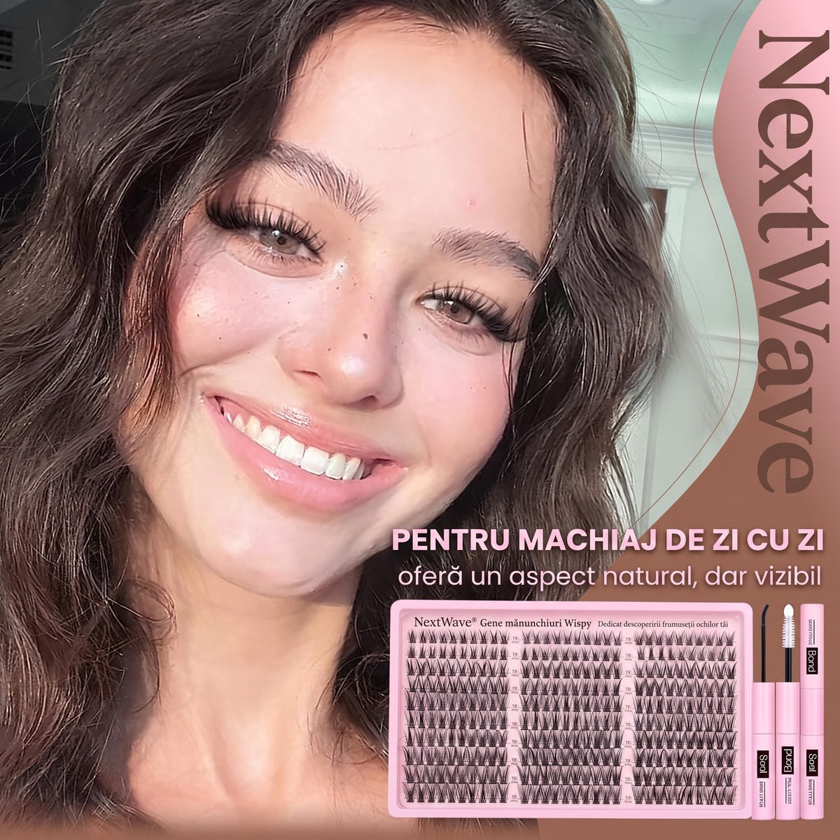Kit extensii gene false tip manunchiuri NextWave®️, aspect natural Wispy cu efect 3D, adeziv Bond si Seal rezistent 3-7 zile, banda confortabila din bumbac, pentru machiaj zilnic DIY de salon, curbura C, mix 10-16 mm, negru, 300 buc
