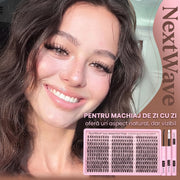 Kit extensii gene false tip manunchiuri NextWave®️, aspect natural Wispy cu efect 3D, adeziv Bond si Seal rezistent 3-7 zile, banda confortabila din bumbac, pentru machiaj zilnic DIY de salon, curbura C, mix 10-16 mm, negru, 300 buc