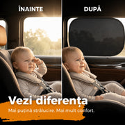Parasolar auto NextWave® pentru geam lateral, set 2 bucati, protectie UV certificata UPF 50+, blocheaza 98,6% din razele UV, fixare statica fara ventuze, pentru bebelusi si copii, ideal pentru calatorii, reutilizabil, negru