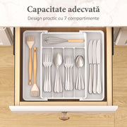 Organizator extensibil pentru tacamuri si ustensile de bucatarie NextWave® – suport sertar ajustabil 33–57 cm, cu 7–9 compartimente modulare, plastic rezistent BPA-free, design compact si practic pentru depozitare ordonata in bucatarie, Negru
