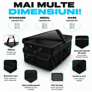 Organizator portbagaj auto NextWave®, pliabil, capacitate 45 L, 2 compartimente spatioase, material Oxford 600D, baza antiderapanta, curele de fixare, capac detasabil si manere ranforsate, pentru cumparaturi si accesorii, negru, 53 x 33 x 27 cm
