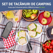 Set tacamuri de calatorie NextWave, reutilizabil si ecologic, husa din panza Oxford cu fermoar si benzi de fixare, include cutit friptura, recipiente condimente si pai, din otel inoxidabil, pentru camping, picnic si munca, set 10 piese, argintiu