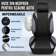Set huse auto NextWave® pentru scaune fata, 4 piese, neopren impermeabil cu strat EVA de 5 mm, compatibile cu airbag lateral si tetiere detasabile, protectie impotriva petelor, umezelii si uzurii, montare rapida, potrivire universala, gri
