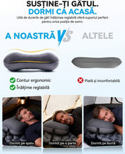 Perna gonflabila de camping NextWave®️, suport cervical ergonomic, supapa One-Click de umflare rapida, banda elastica anti-alunecare, husa detasabila si lavabila din bumbac, camera etansa TPU, pentru drumetii si calatorii, 44x31 cm, 159 g, Gri
