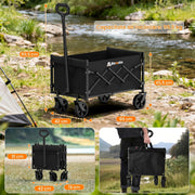 Carucior pliabil utilitar NextWave®️, capacitate mare de incarcare 99, 8 kg, roti pivotante la 360° pentru orice teren, maner telescopic reglabil, cadru din otel carbon si panza Oxford 300D, turistic pentru camping, plaja si gradina, 69x42x45, Negru