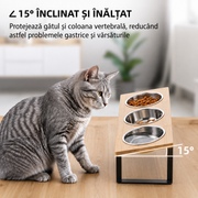 Set 3 boluri inaltate pentru pisici NextWave®️, suport inclinat la 15° anti-voma, 3 recipiente detasabile, din bambus, otel inoxidabil si silicon, pentru pisici si caini de talie mica, 3 x 350 ml, natur