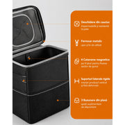 Cos de gunoi auto NextWave®, pliabil si impermeabil, capacitate 7, 6 L, curea reglabila pentru tetiera sau consola, 4 capse magnetice pentru fixarea sacului, buzunare exterioare pentru depozitare, design compact anti-scurgeri, negru