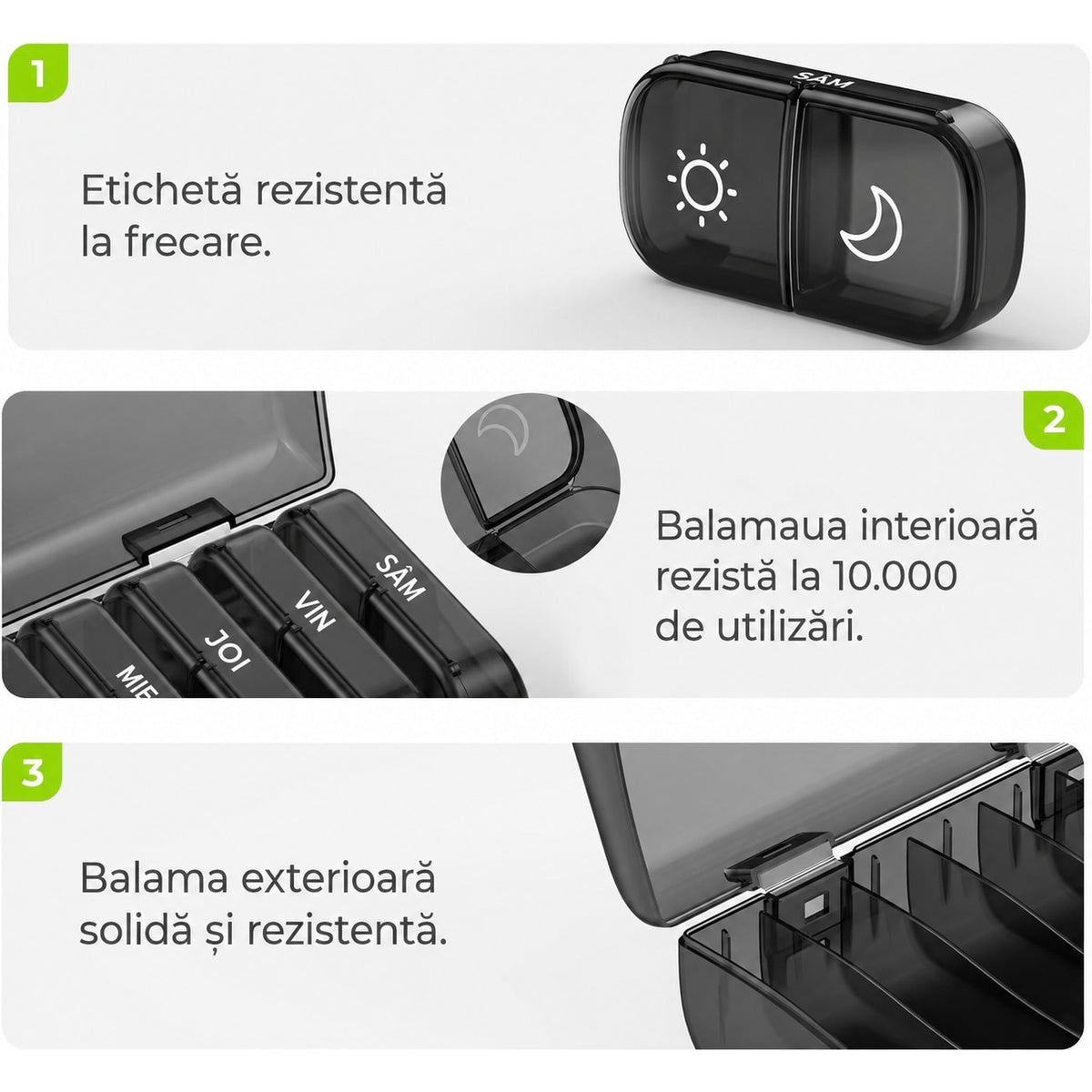 Organizator medicamente NextWave®, cutie saptamanala cu 7 recipiente detasabile si 14 compartimente AM/PM, deschidere la 180°, protectie pentru intimitate, capacitate mare pentru pastile, vitamine si suplimente, portabil
