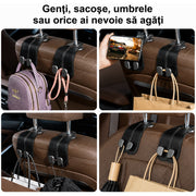 Set 2 carlige auto duble pentru tetiera NextWave®, pentru genti, sacose, haine si accesorii, aliaj de aluminiu-magneziu cu finisaj din piele intoarsa cusuta, fixare stabila, instalare rapida fara demontarea tetierei, compatibilitate universala, negru