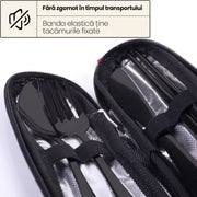 Set tacamuri de calatorie NextWave®, portabile si reutilizabile, fara zgomot la transport, cutit, furculita, lingura si betisoare antiderapante, din otel inoxidabil 18/8, pentru birou, camping si picnic, set 5 piese cu husa impermeabila, negru