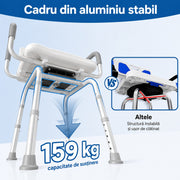 Scaun de dus NextWave®, rotativ la 360°, reglabil pe inaltime, cu spatar si cotiere, cadru rezistent din aluminiu, picioare antiderapante, montaj fara unelte, pentru varstnici si persoane cu mobilitate redusa, capacitate 159 kg, gri