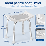 Scaun de dus NextWave® pentru baie si cada, reglabil pe inaltime, cadru rezistent din aluminiu, sezut confortabil, picioare antiderapante cu ventuze, suport pentru para de dus, destinat varstnicilor si persoanelor cu mobilitate redusa, gri