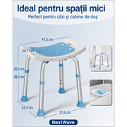 Scaun de dus NextWave® pentru baie si cada, reglabil pe inaltime, cadru rezistent din aluminiu, sezut confortabil, picioare antiderapante cu ventuze, suport pentru para de dus, destinat varstnicilor si persoanelor cu mobilitate redusa, albastru