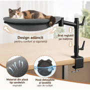 Pat suspendat pentru pisici NextWave®, hamac de birou cu prindere metalica fara gaurire, rotatie dubla la 360°, inaltime reglabila, perna de 37, 8 cm, suporta pana la 18 kg, pentru blat de maximum 5, 6 cm, gri