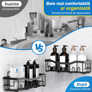 Raft de Baie NextWave® la set, 5 piese cu 2 rafturi pentru dus, 2 suporturi pentru sapun si 1 suport pentru periute, din otel inoxidabil SUS 304, montare autoadeziva fara gaurire, rezistente la rugina, negru