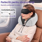Perna de calatorie pentru gat NextWave®, suport ergonomic 360° pentru cap si barbie, catarama reglabila, include masca de ochi, dopuri urechi si geanta, din spuma cu memorie si catifea respirabila, pentru avion, tren si masina