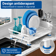 Scurgator vase cu suport scurgere automata NextWave®️, Suport pentru vase, multifunctional, suport pentru tacamuri si pahare, spatiu depozitare, 43 x 33 x 12 cm, Alb