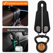 Set 2 carlige auto duble pentru tetiera NextWave®, pentru genti, sacose, haine si accesorii, aliaj de aluminiu-magneziu cu finisaj din piele intoarsa cusuta, fixare stabila, instalare rapida fara demontarea tetierei, compatibilitate universala, negru