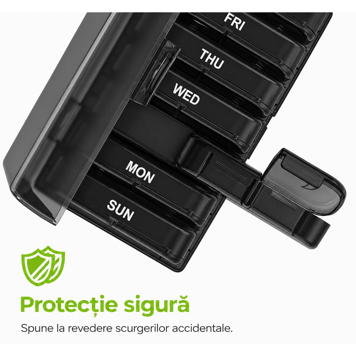 Organizator medicamente NextWave®, cutie saptamanala cu 7 recipiente detasabile si 14 compartimente AM/PM, deschidere la 180°, protectie pentru intimitate, capacitate mare pentru pastile, vitamine si suplimente, portabil